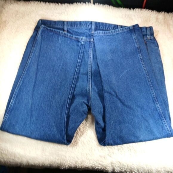 Wrangler 48x30(46x29 Measured) 5 Pocket Denim Blue Jeans Leather Logo Patch. Men - Picture 12 of 13